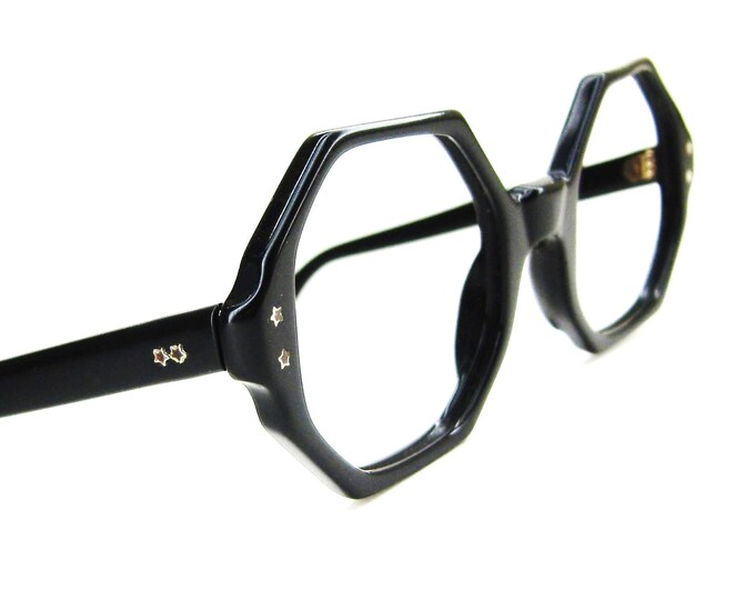 Vintage 60s Black Octagon Eyeglasses Frame Jeweled Etsy