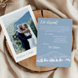 Anuncio de boda en el Monte Rainier / Invitación de recepción dibujada a mano / Plantilla digital editable