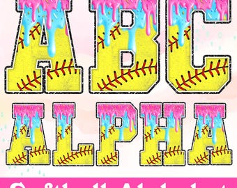 Drip Softball Alphabet PNG | Ice Cream Style Letters | Summer Sports Sublimation Font | Digital Download for DIY Shirts, Tumblers & Crafts
