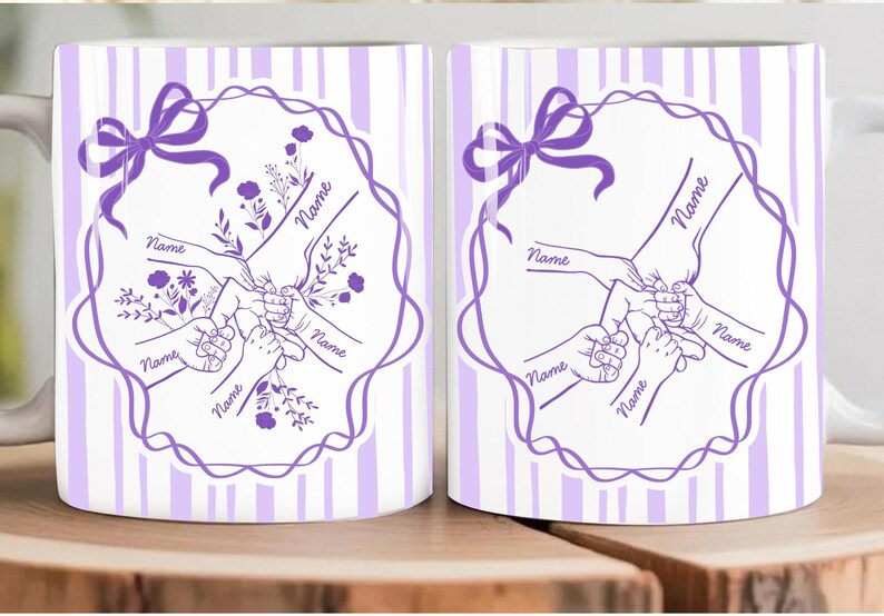 May include: White ceramic mug featuring a purple floral design with the word "Name" repeated. The design includes hands holding each other, a bow, and a striped background. The mug is on a wooden surface.