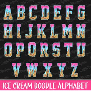 Eis Alphabet PNG, Tropfbuchstaben Clipart, Waffeltüte Schrift Sublimation, Eis Drip Schrift, Sommer Candy Schrift PNG, süßes Doodle Alphabet
