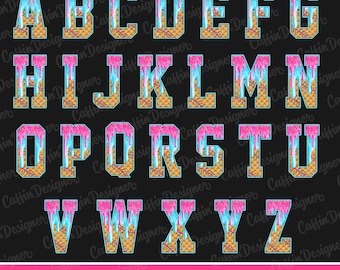 Ice Cream Alphabet PNG, Drip Letters Clipart, Waffle Cone Font Sublimation, Ice Cream Drip Font, Summer Candy Font PNG, Cute Doodle Alphabet