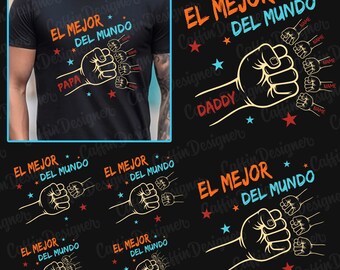 El Mejor Del Mundo PNG SVG, Father&#39;s Day Sublimation Design, Vintage Fist Bump Dad Kids SVG, Editable Names, Spanish Dad Clipart for Shirt