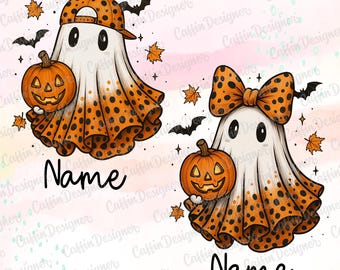 Preppy Ghost PNG Bundle, Cute Halloween Ghost Boy and Girl Png, Leopard Pumpkin Ghost Clipart, Spooky Season PNG, Trendy Fall Halloween PNG