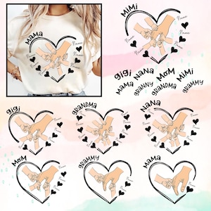 Fête des mères famille main coeur PNG SVG, 1-8 coeur personnalisé petit-enfant nom Svg, Svg main maman, amour grand-mère, maman et enfant mains coeur Svg