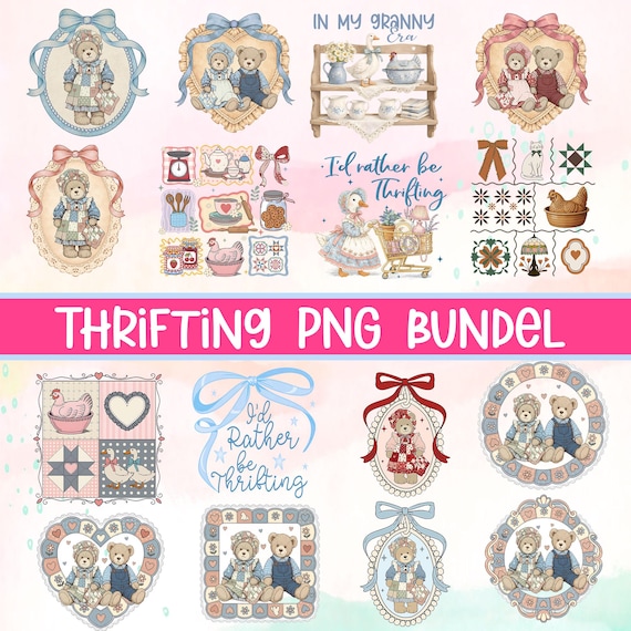 Vintage Thrifted Png Bundle, 90s Inspired, Grandma Core Png, Cottagecore Folk Art Design, Boutique Style, Cozy Retro Animals, Granny Sweater