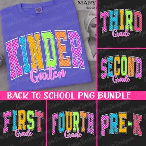 Back to School PNG Bundle | Neon Checkered Grade Level Sublimation | Pre-K to Fourth Grade Shirt Design | Kindergarten Clipart | Teacher PNG
