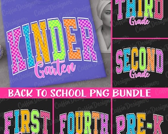 Back to School PNG Bundle | Neon Checkered Grade Level Sublimation | Pre-K to Fourth Grade Shirt Design | Kindergarten Clipart | Teacher PNG