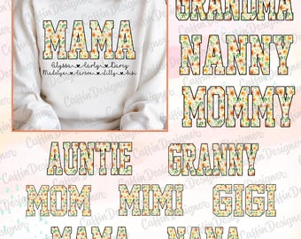 Mamá floral personalizada PNG, nombre de mamá personalizado PNG, diseño de camiseta del Día de la Madre, descarga digital para abuela, sublimación de mamá, descarga digital