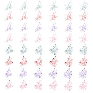 May include: A pattern of line drawings showing hands and floral designs in a range of colours. The hands appear to be holding or interacting with the flowers. Colours include red, blue, green, and purple, set against a white backdrop.