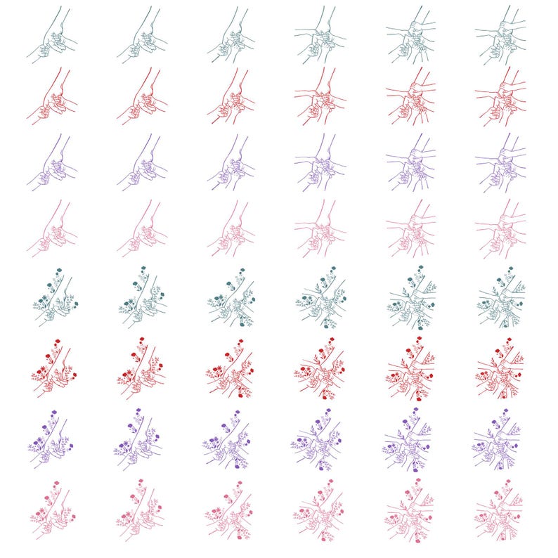 May include: A pattern of line drawings showing hands and floral designs in a range of colours. The hands appear to be holding or interacting with the flowers. Colours include red, blue, green, and purple, set against a white backdrop.