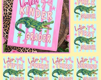 Latere Gator PNG-bundel, Coquette Last Day of School PNG, eindejaarsshirtontwerp leraar, kleuterschool 1e-5e leerjaar sublimatie DTF