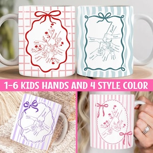 May include: White ceramic mugs with personalized designs. Each mug features an illustration of hands holding each other, with space for names. The mugs come in various colours and styles, with the text "1-6 KIDS HANDS AND 4 STYLE COLOR".