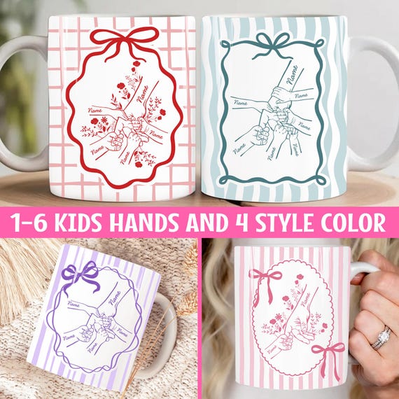 Custom Mom Mug Wrap PNG Bundle, Kids Holding Hands Mug Design, Coquette Striped 11oz Mug Wrap, Personalized Mom Gift, Mother's Day Mug PNG