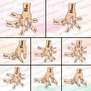 Mother&#39;s Day Png SVG, Mom and Kids Hands Clipart, Personalized Hand Holding Sublimation Design, Custom Family Name, Grandma Nana Gigi File
