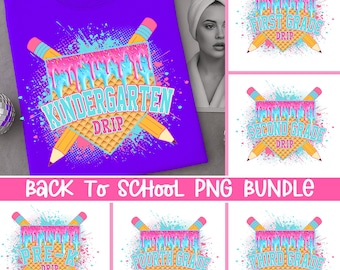 Back to School PNG Bundle | Ice Cream Drip Grade PNG for Pre-K to 6th Grade | Cute Waffle Cone Sublimation Design for Kids First Day Shirts