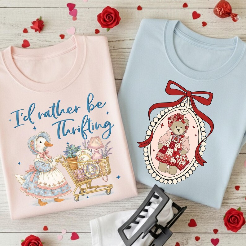 May include: Two t-shirts, one pink and one light blue, with whimsical graphics. The pink shirt features a duck pushing a shopping cart with the text "I'd rather be Thrifting." The blue shirt has a teddy bear in a frame.
