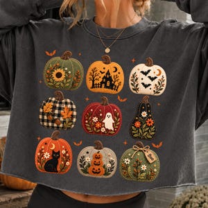May include: A charcoal grey long-sleeve sweatshirt featuring a graphic print of nine distinct pumpkins. The designs include a sunflower, a haunted house, bats, a plaid pattern, a ghost, a black cat, and floral motifs. One pumpkin has a tag labelled Boo.