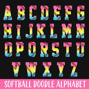 May include: A full alphabet in capital letters, each with a gradient of pink, yellow, and blue. The letters are decorated with red baseball stitching, and the words "SOFTBALL DOODLE ALPHABET" are in pink at the bottom.