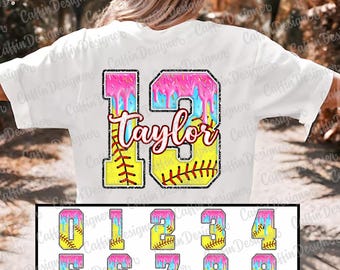 Drip Softball Number PNG, Custom Name Softball Sublimation, Softball Team Shirt Design, Digital Download for Girls Softball