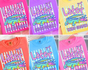 Trendy Later Gator PNG, Gestreepte Neon Later Gator PNG, preppy zomeroutfit-afbeelding, schattig sublimatiebestand krokodil