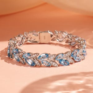 Natural Swiss Blue Topaz Bracelet,18k White Gold Plated, Tennis Topaz Bracelet, Statement Bracelet Gift For Her Bracelet For Women