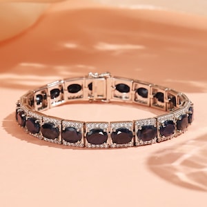 925 Sterling Silver Sapphire Bracelet, About 34ct(6x8mm) Oval Sapphire, Elegance Bracelet, Gift For Her  For Women, Tennis Sapphire Bracelet
