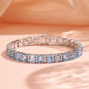 Natural Swiss Blue Topaz Bracelet,18k White Gold Plated, Tennis Topaz Bracelet, Statement Bracelet Gift For Her Bracelet For Women