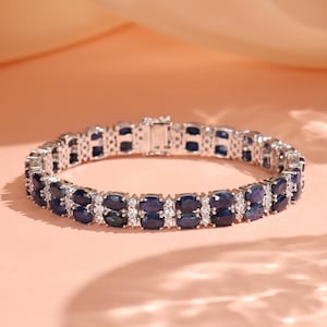 Natural Sapphire Bracelet, 18k White Gold Plated, Tennis Sapphire Bracelet, About 27.5ct Oval Sapphire, Elegance Bracelet, Gift For Her