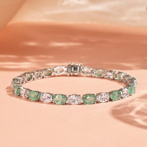 Tennis Emerald Bracelet, 18K White Gold Plated, About 9.7ct Oval Emerald, Elegance Bracelet, Gift For Her For Women ,Halo Emerald Bracelet