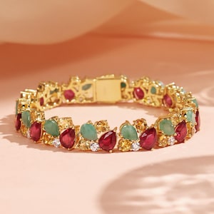 Women Elegant Bracelet,18K Yellow Gold Plated, Pear Ruby And Emerald Bracelet, Gemstone Bracelet, Gift For Her Bracelet For Women