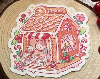 Cat and Frog Gingerbread Bakery Holiday Vinyl Sticker
