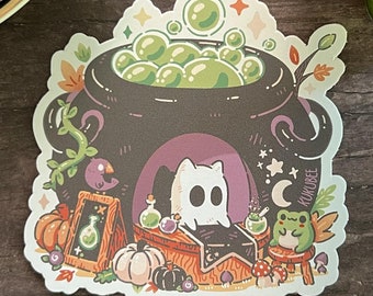 Cauldron Potion Shop Vinyl Sticker Halloween Ghost Cat and Cozy Autumn Frog