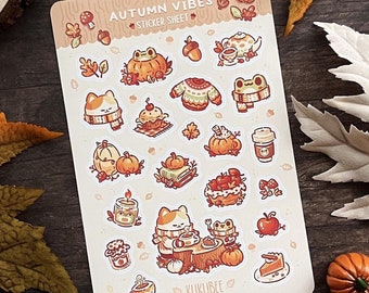 Autumn Vibes Fall Season Cat and Frog Cozy Sticker Sheet
