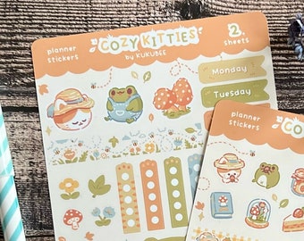 Cozy Cat and Frog Friends Two Sheet Set Kiss Cut Matte Planner Stickers