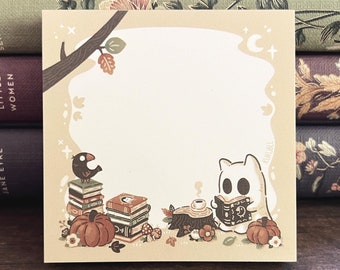 Cozy Autumn Reading Ghost Cat Paper Notepad Memo