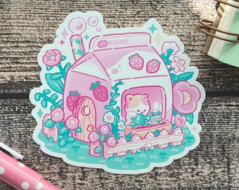 Strawberry Milk Cottage Cat and Frog Friends Vinyl Sticker