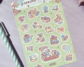 Spring Vibes Cat and Frog Pastel and Florals Glossy Sticker Sheet