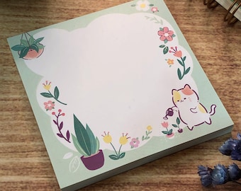House Plant Cat Notepad: Kitty Watering Flowers Memo Pad