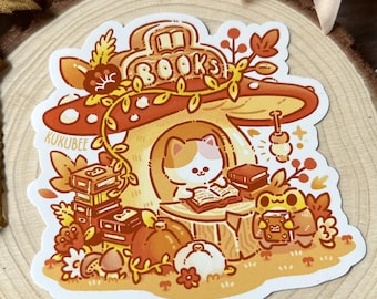 Forest Mushroom Cat Bookstore Vinyl Sticker