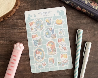 Cleaning Day Kitties Kiss Cut Kawaii Journal Planner Sticker Sheet