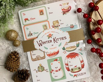 Winter Kitties Gift Tags: Cat and Frog Stickers for Holidays