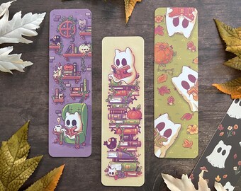 Cozy Ghost Cat Reading Booklover Bookmarks Set