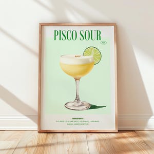 Pisco Sour-kunstafdruk | Cocktailposter | Mixologie wanddecoratie | Kunst barwagen | Illustratie keukendrank | Cadeau voor cocktailliefhebbers