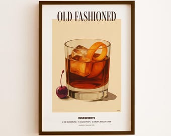 Old Fashioned Whiskey Poster Printable Wall Art | Cocktail Digital Download | Whiskey Cocktail Decor | Bar Cart Gift | Retro Mixology Print