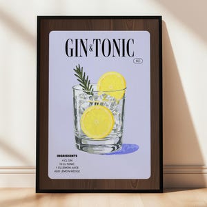 Gin-tonic-poster | Klassieke cocktailmuurkunst | Thuisbardecoratie | Botanische drankprint | Cadeau voor ginliefhebbers