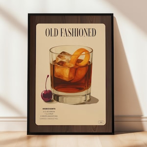 Vintage Cocktail Poster | Klassische Whisky-Getränk-Wand-Kunst | Vintage Bar Dekor | Küche Mixologie Illustration | Geschenk für Whisky Liebhaber