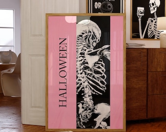 Póster de esqueleto de Halloween / Arte mural gótico rosa / Lámina espeluznante y adorable / Ilustración de calavera / Decoración alternativa para el hogar en Halloween