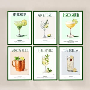 Set di 6 poster di cocktail / Stampe minimaliste di bevande / Gin Tonic, Tom Collins, Hugo, Spritz, decorazioni murali / Decorazione per la cucina