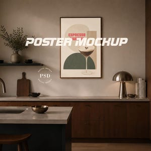 Kitchen Frame Mockup, Scandinavian Walnut Kitchen Interior, Portrait ISO DIN A Poster Mockup (Photoshop Photopea PSD)